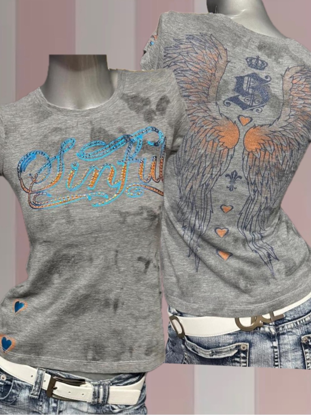Sinful By Affliction Y2K Bedazzled Angel Wing Baby Tee